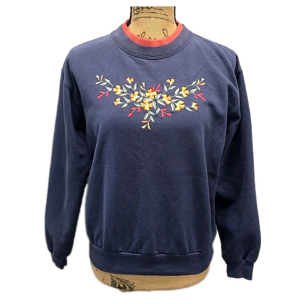 Vintage‎ Top Stitch Floral Embroidered Sweatshirt Navy Cottagecore Pullover sz M